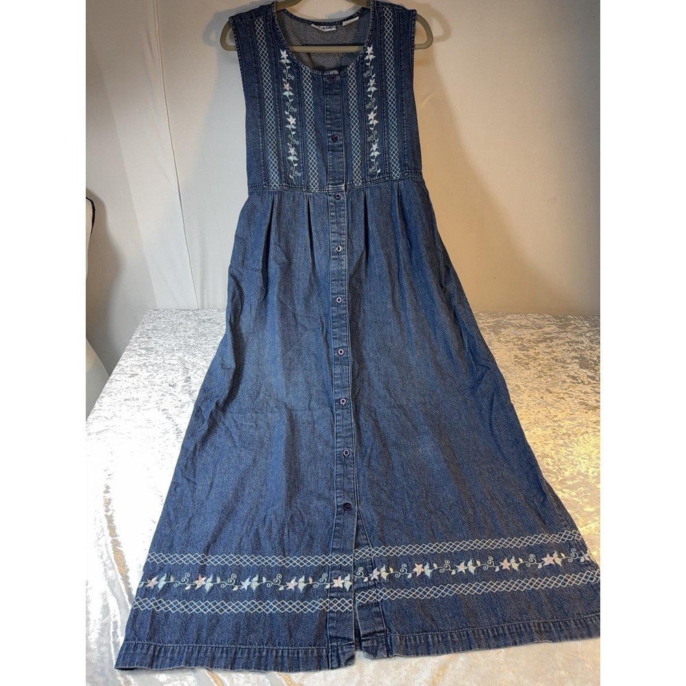 Vintage Blair Denim Embroidered Maxi Dress Medium Blue Button Front Cottagecore